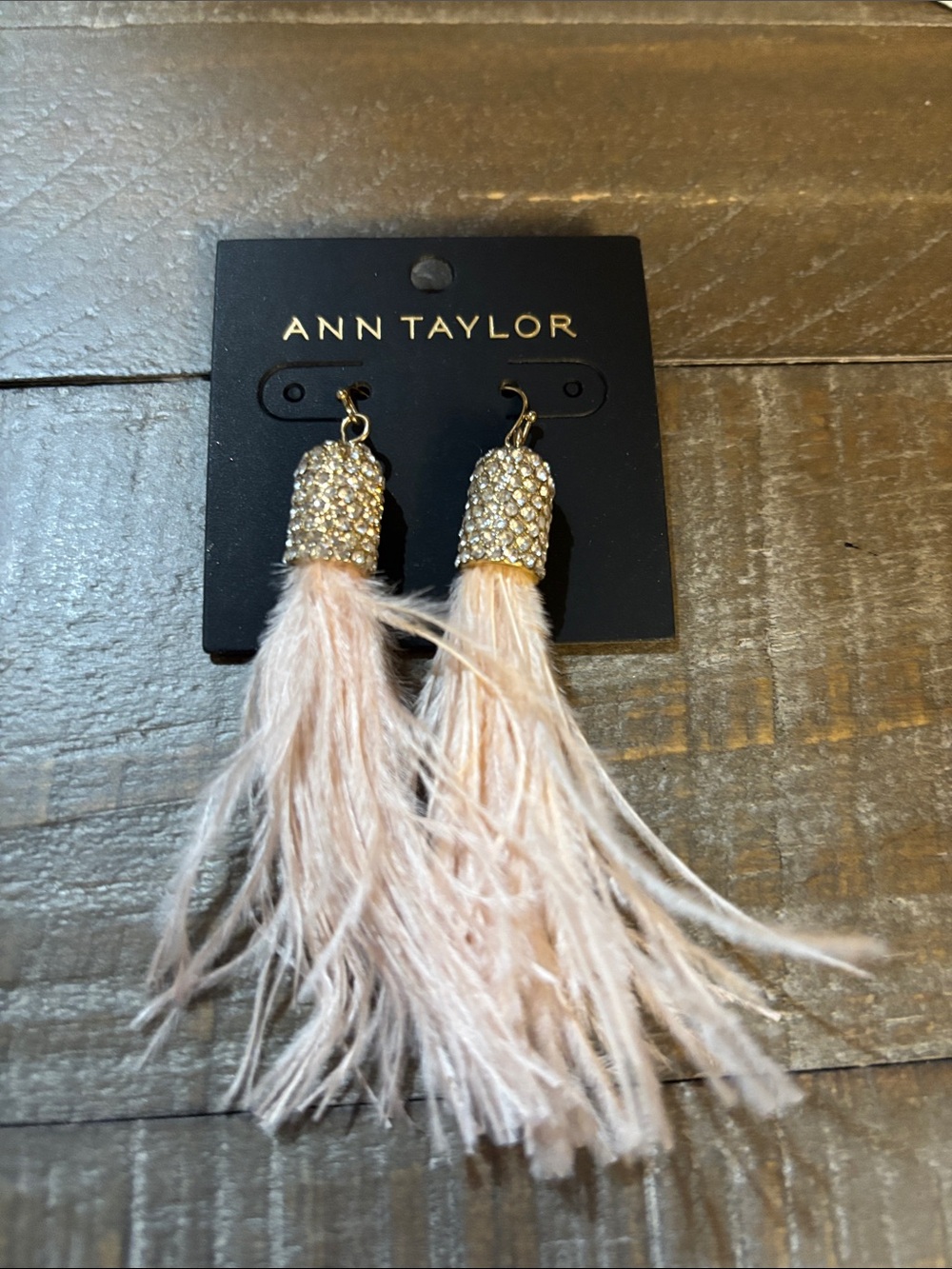 Ann Taylor Blush Feather Tassel Earrings with Rhinestone Caps
